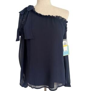 Cece Blouse Top Tie Neck One Shoulder Sheer Sleeves Women’s Sz M Navy Fe…